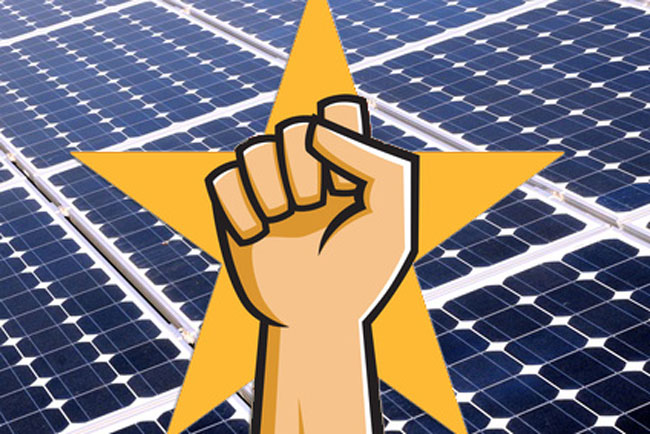 fist in air and solar panels